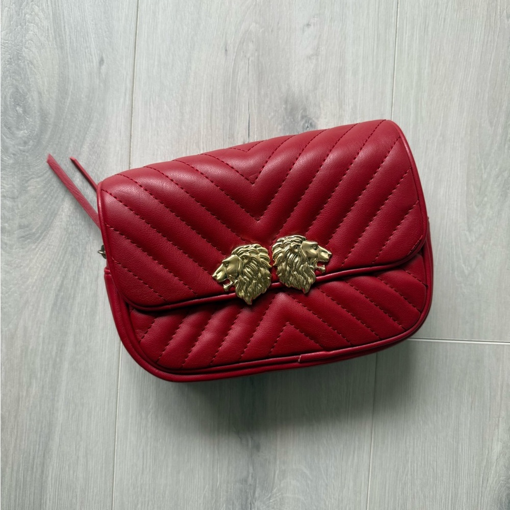 Zara Red Quilted Crossbody Bag with Gold Lion Details